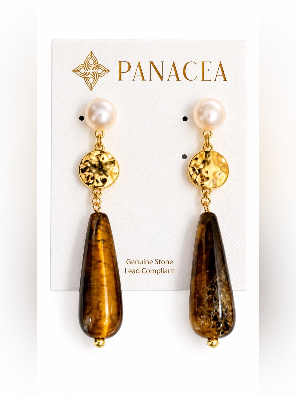 Panacea Genuine Stone Drop Earrings Pearl & Brown Stone Gold Tone Dangle Earri